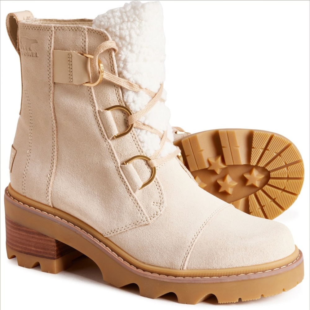 Sorel Joan Now Cozy Lace Suede Boots w Faux Shearling Tongue Gum Sole Womens 12